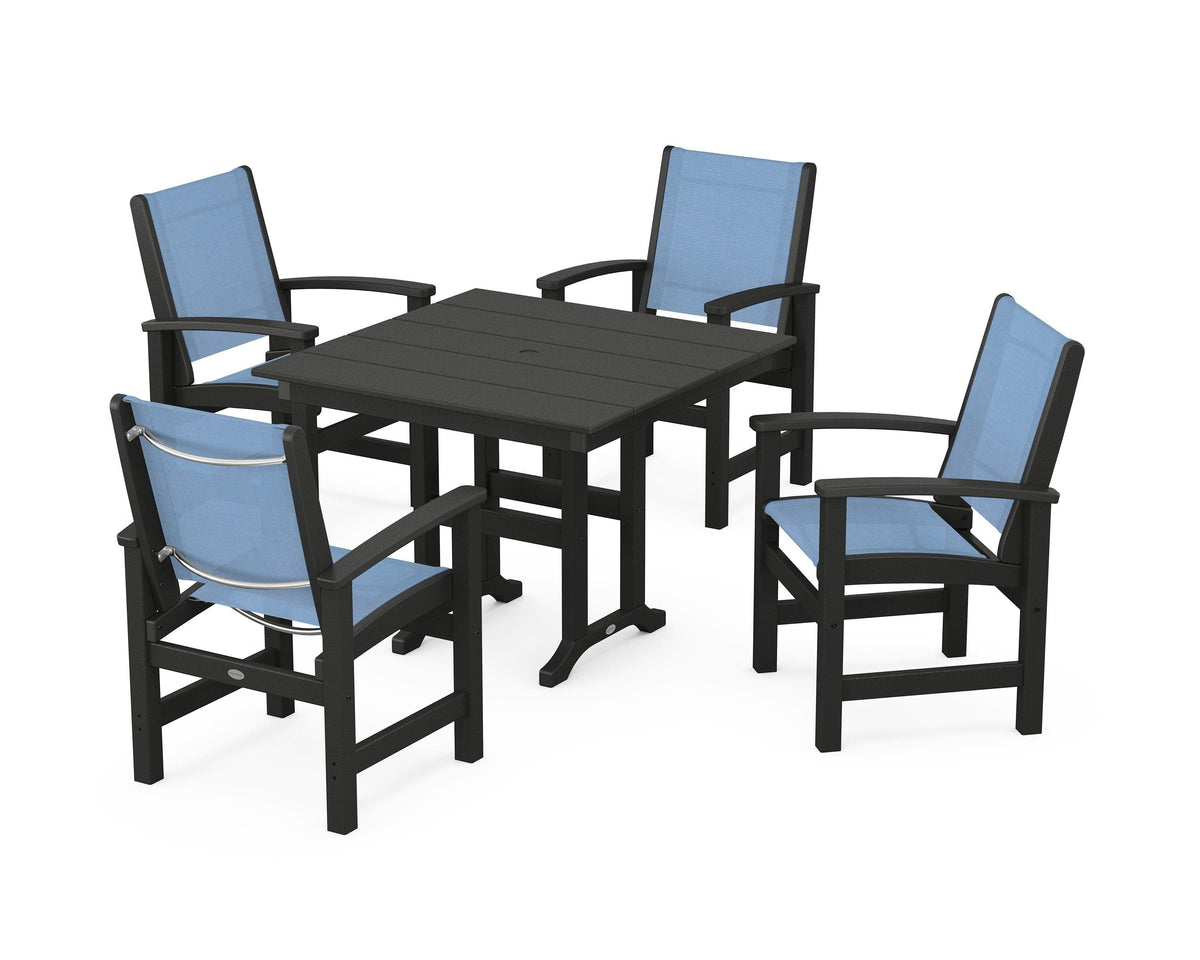POLYWOOD Coastal 5-Piece Farmhouse Dining Set with Farmhouse 37" Dining Table in Black / Poolside