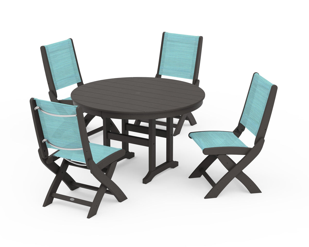 POLYWOOD Coastal Folding Side Chair 5-Piece Round Dining Set in Vintage Coffee / Dupioni Aquamarine