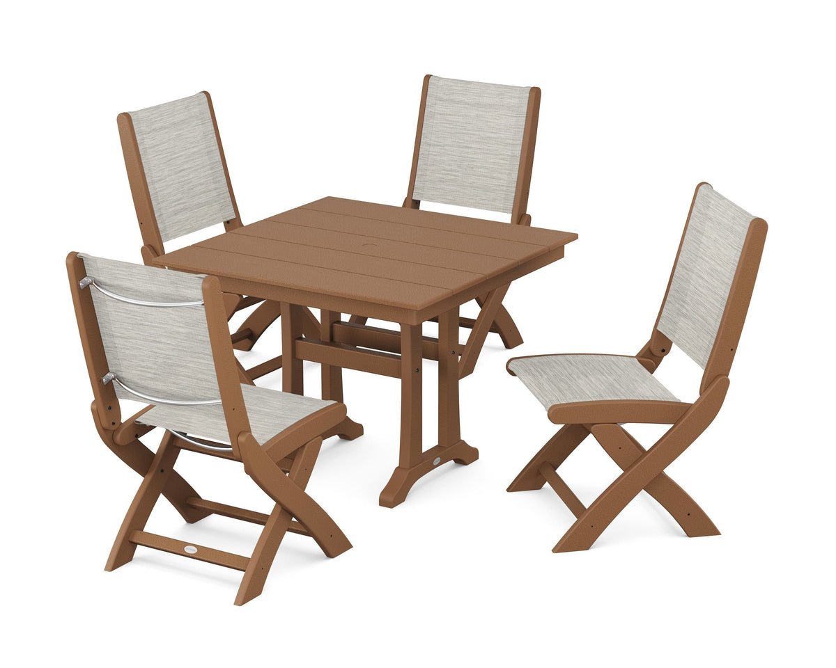 POLYWOOD Coastal Folding Side Chair 5-Piece Farmhouse Dining Set With Trestle Legs in Teak / Birch