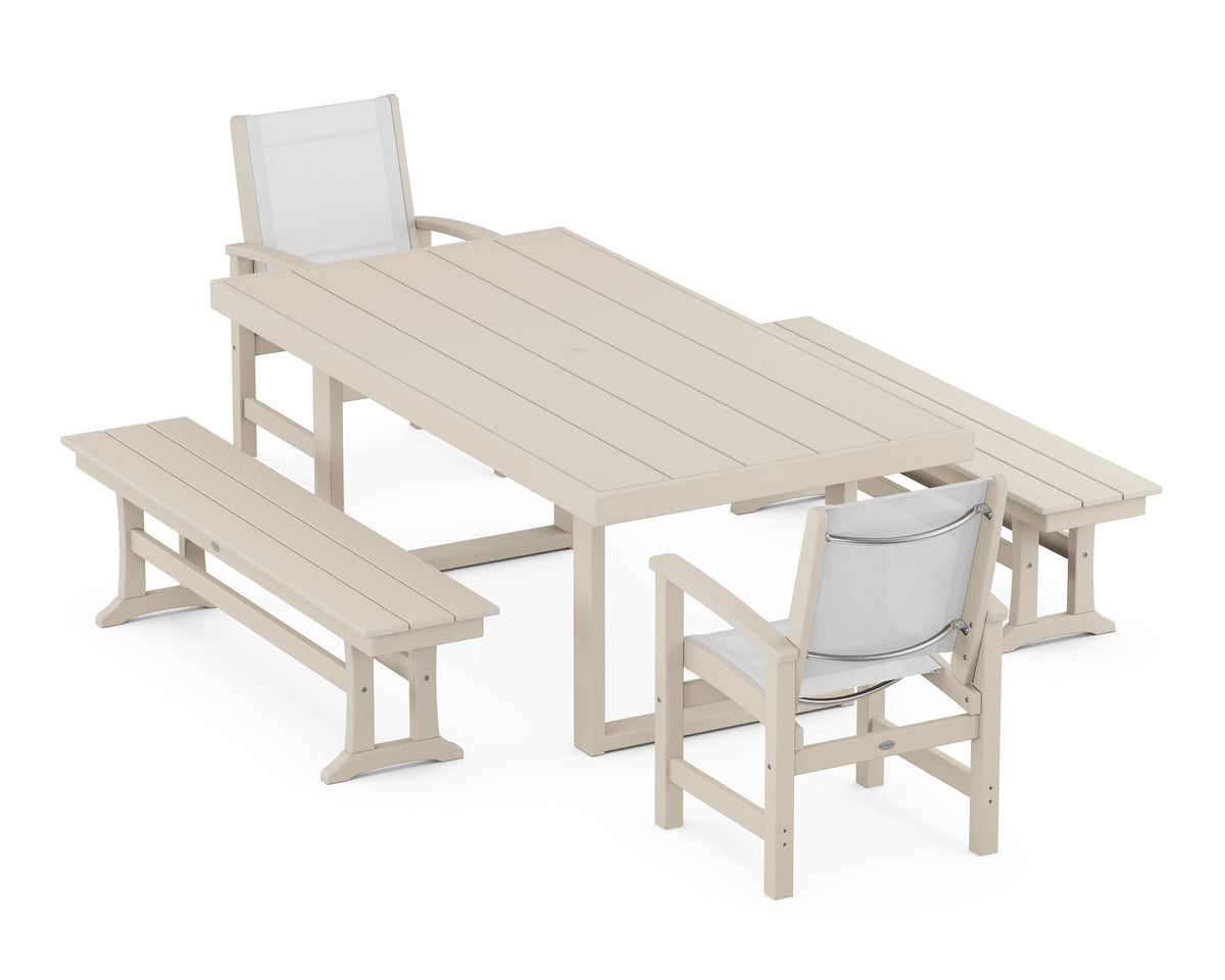 POLYWOOD Coastal 5-Piece Dining Set with Trestle Legs with EDGE 40" x 78" Dining Table in Sand / White