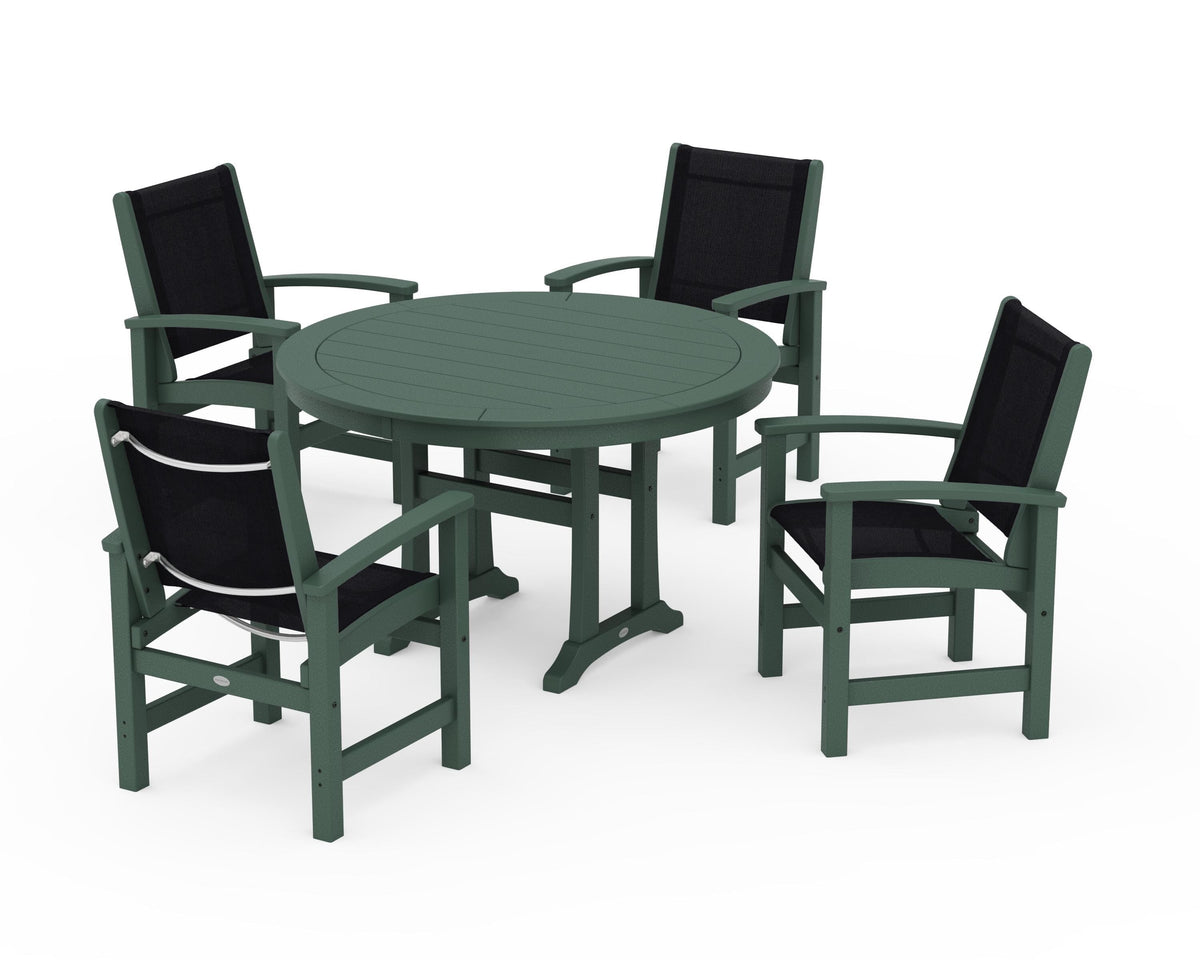 POLYWOOD Coastal 5-Piece Round Dining Set with Trestle Legs in Green / Black