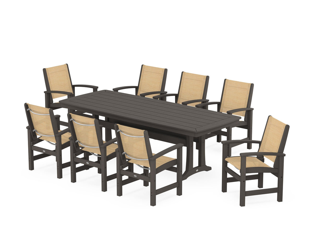 POLYWOOD Coastal 9-Piece Dining Set with Trestle Legs in Vintage Coffee / Dupioni Apricot