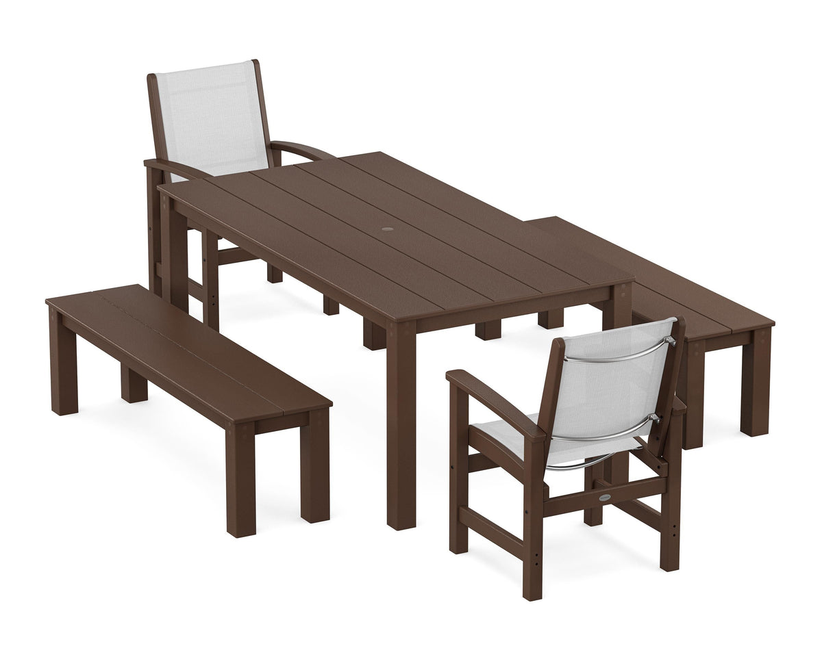 POLYWOOD Coastal 5-Piece Parsons Dining Set with Benches in Mahogany / White