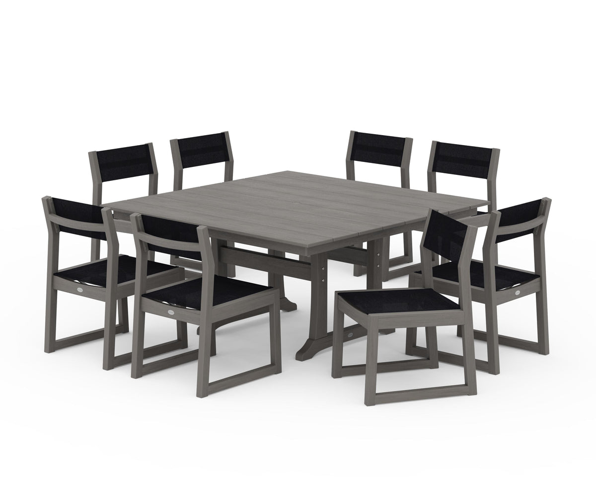POLYWOOD EDGE Sling Side Chair 9-Piece Farmhouse Trestle Dining Set in Driftwood / Black