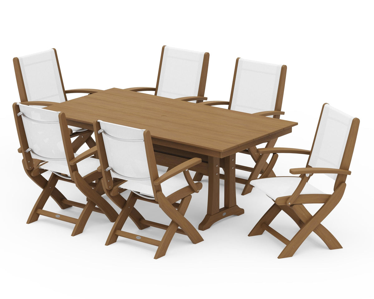 POLYWOOD Coastal Folding Arm Chair 7-Piece Farmhouse Dining Set with Trestle Legs in Natural / White