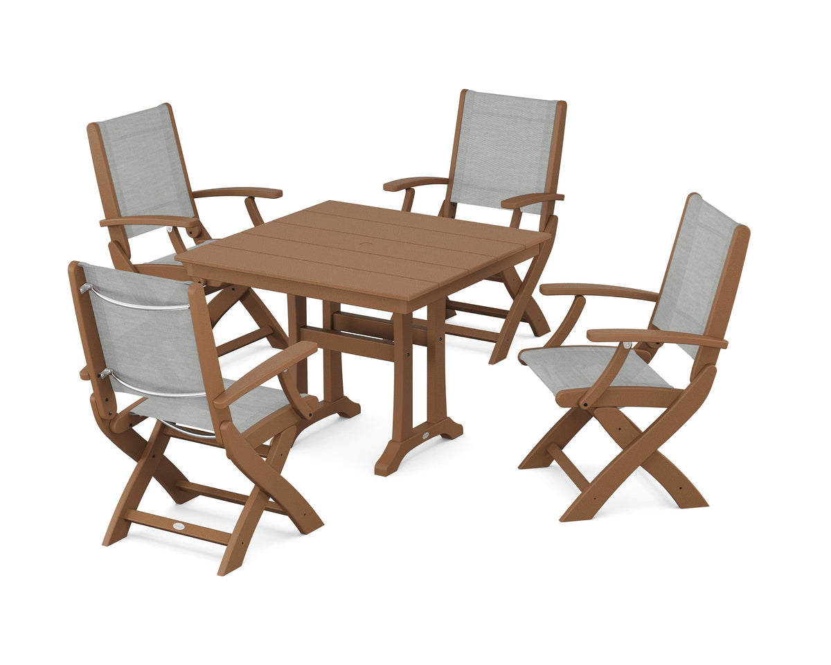 POLYWOOD Coastal Folding Chair 5-Piece Farmhouse Dining Set With Trestle Legs in Teak / Metallic