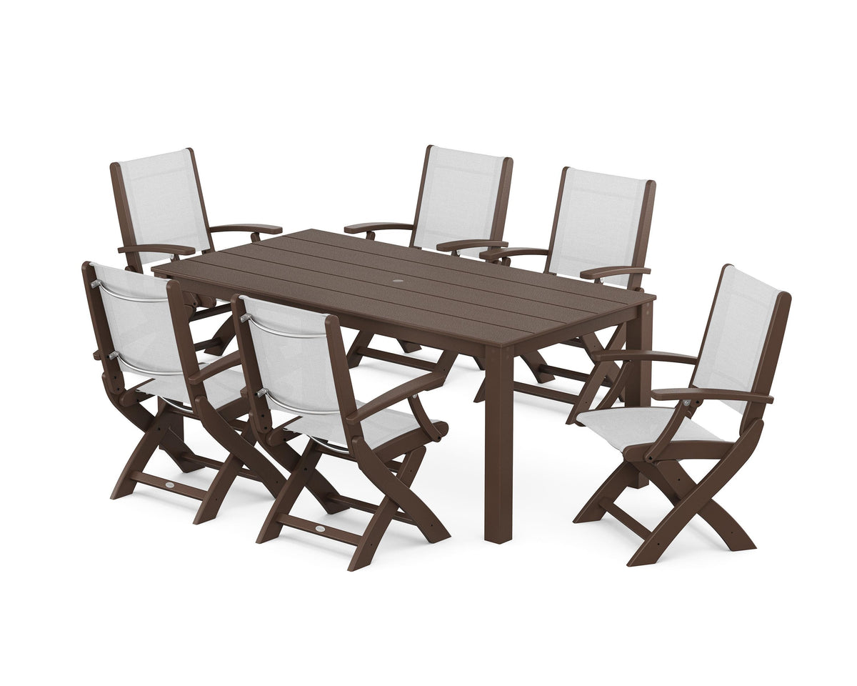 POLYWOOD Coastal Folding Chair 7-Piece Parsons Dining Set in Mahogany / White