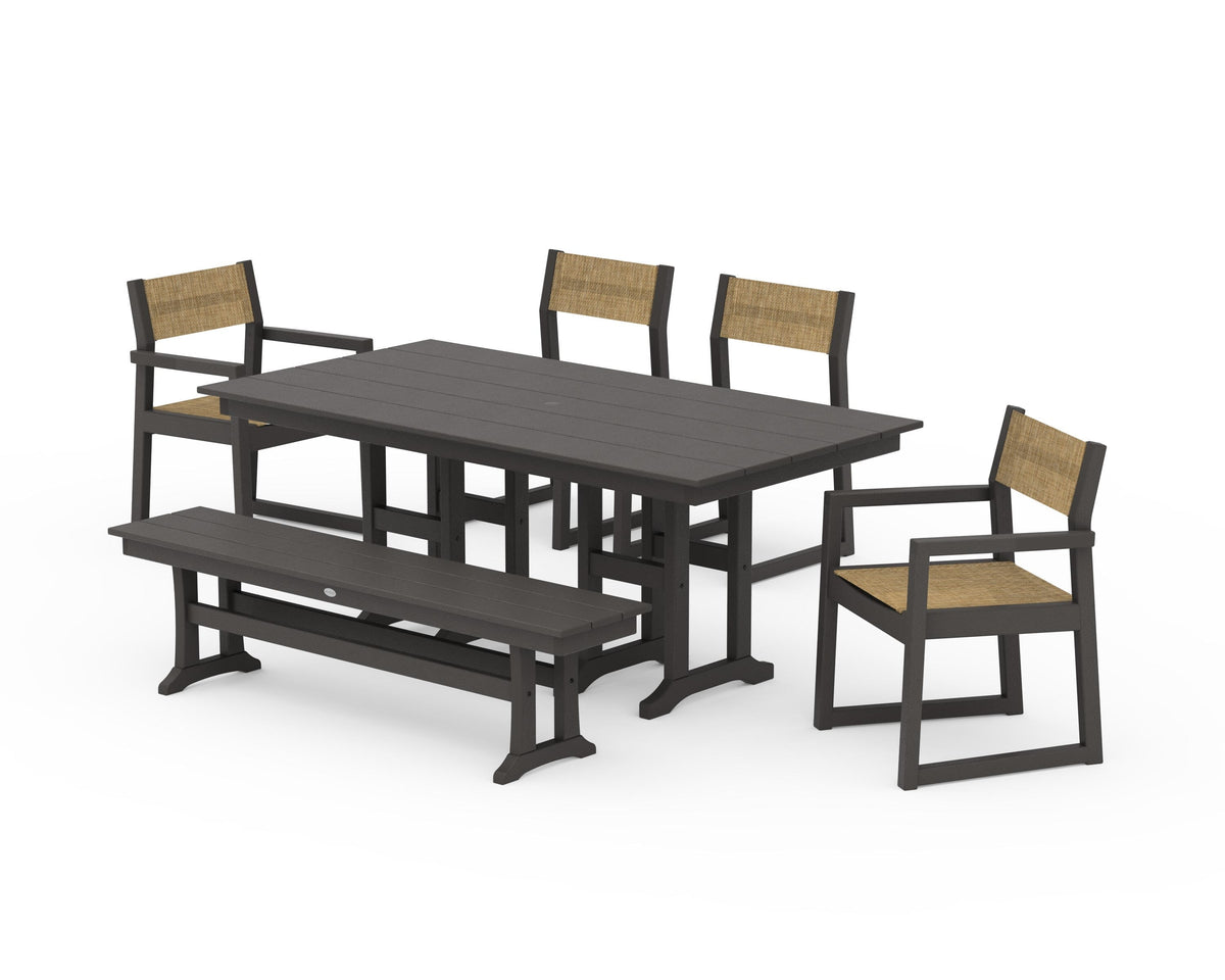 POLYWOOD EDGE Sling 6-Piece Farmhouse Dining Set in Vintage Coffee / Burlap