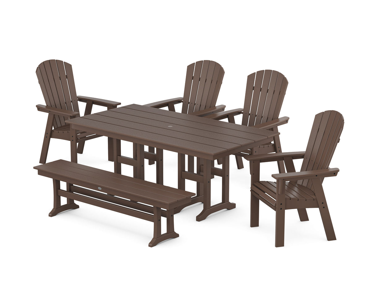 POLYWOOD Nautical Curveback Adirondack 6-Piece Farmhouse Dining Set with Bench in Mahogany