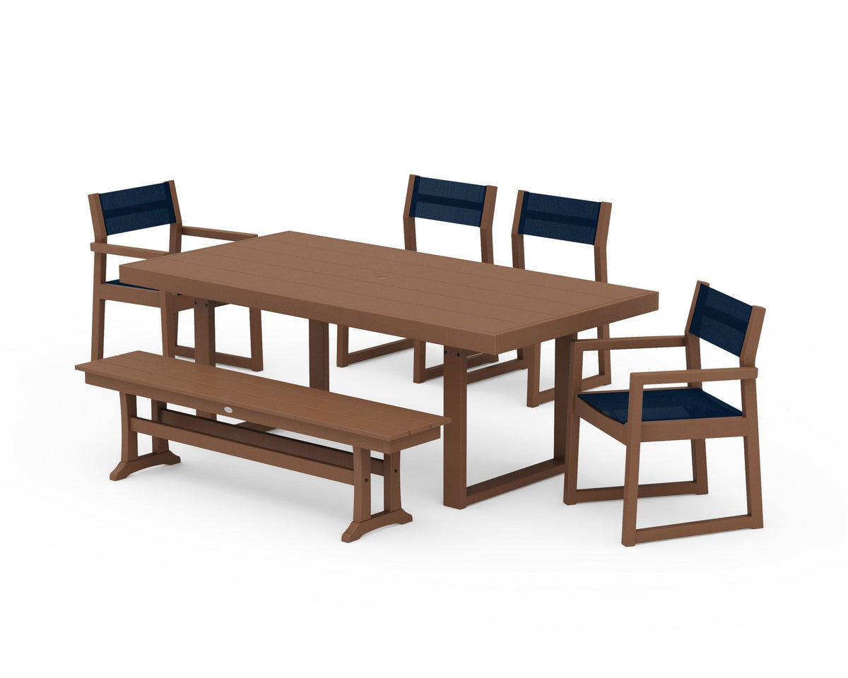 POLYWOOD EDGE Sling 6-Piece Dining Set with Bench in Teak / Navy Blue