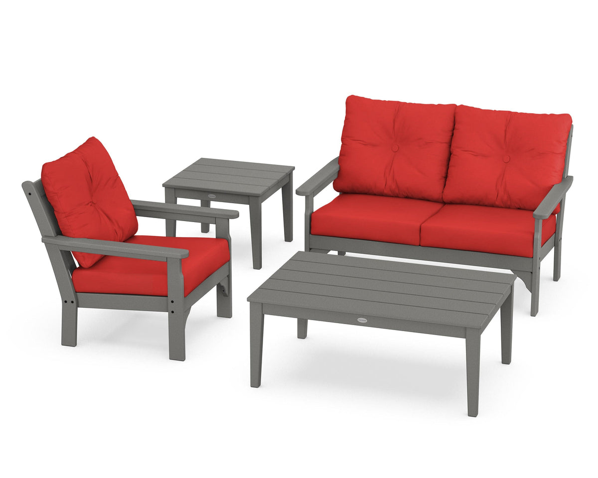 POLYWOOD Vineyard 4-Piece Deep Seating Set in Slate Grey / Crimson Linen