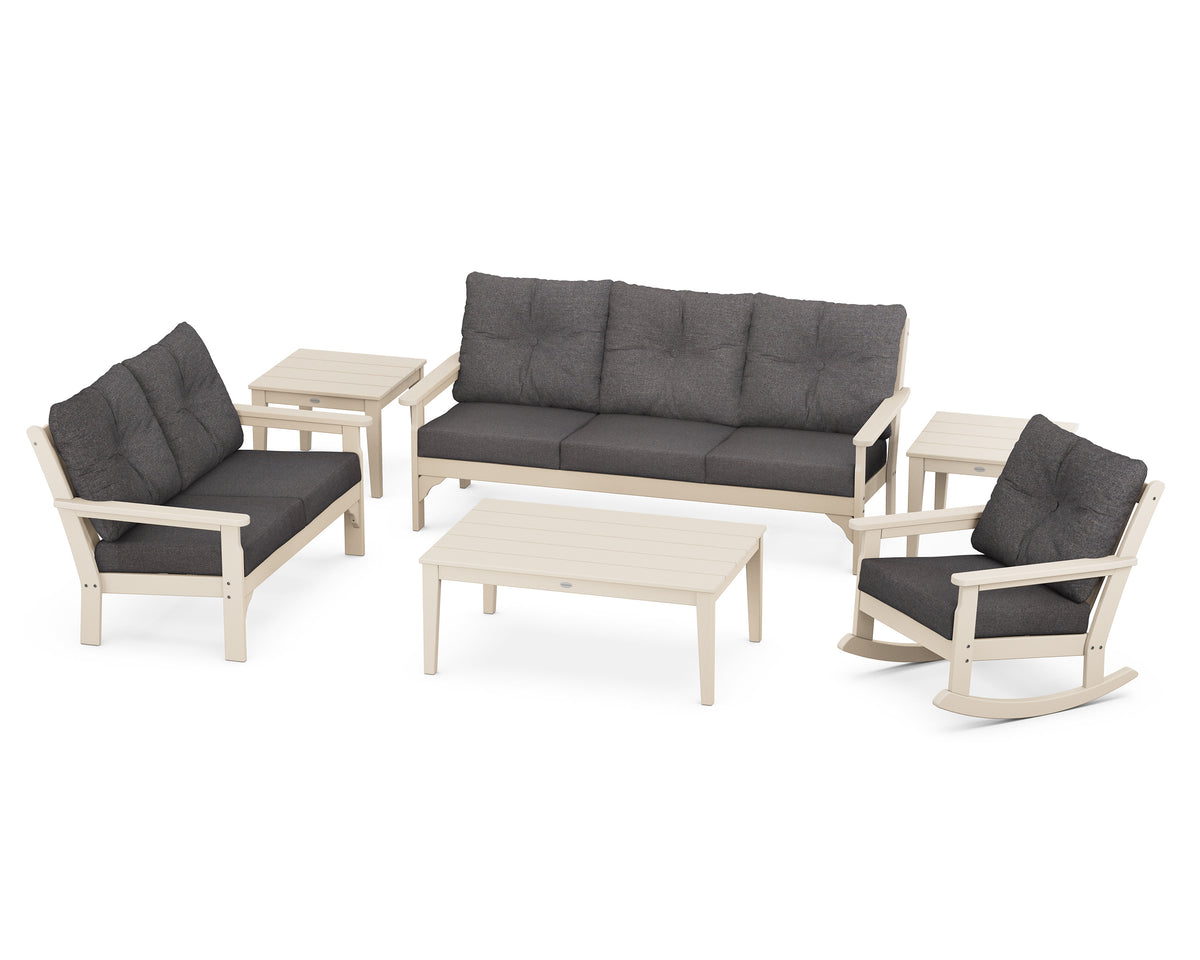 POLYWOOD Vineyard 6-Piece Deep Seating Set with Rocking Chair in Sand / Ash Charcoal