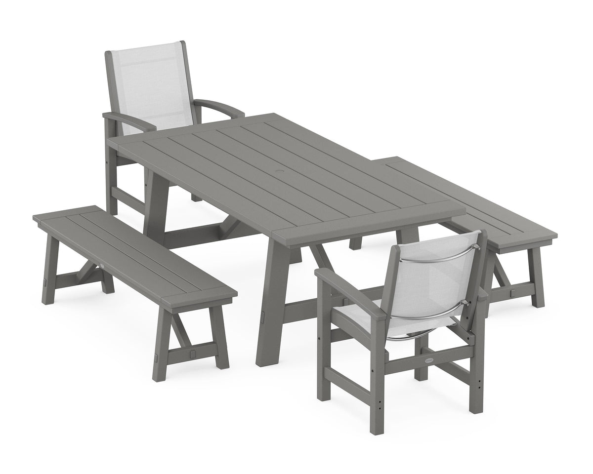 POLYWOOD Coastal 5-Piece Rustic Farmhouse Dining Set With Benches in Slate Grey / White