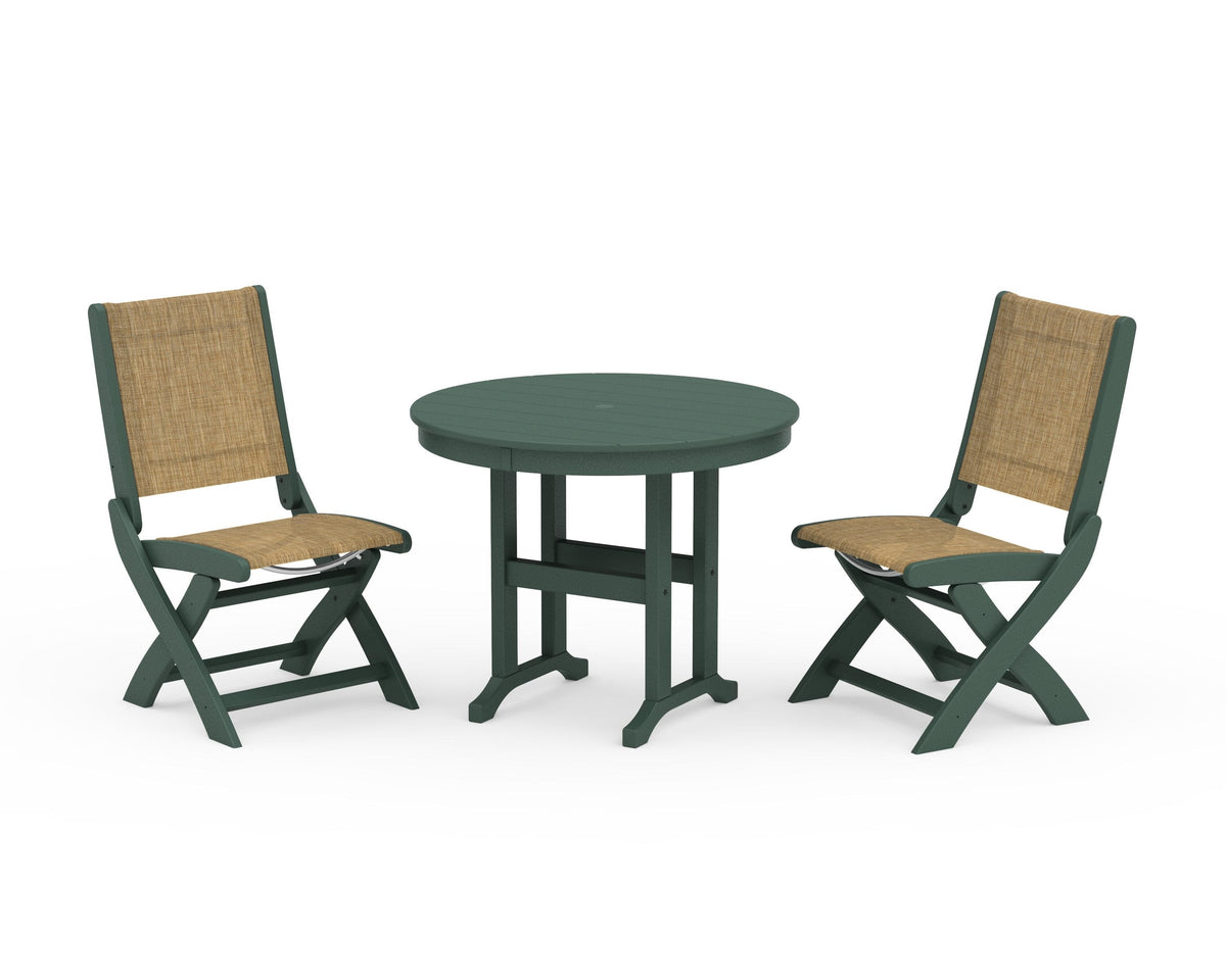 POLYWOOD Coastal Folding Side Chair 3-Piece Round Dining Set in Green / Burlap