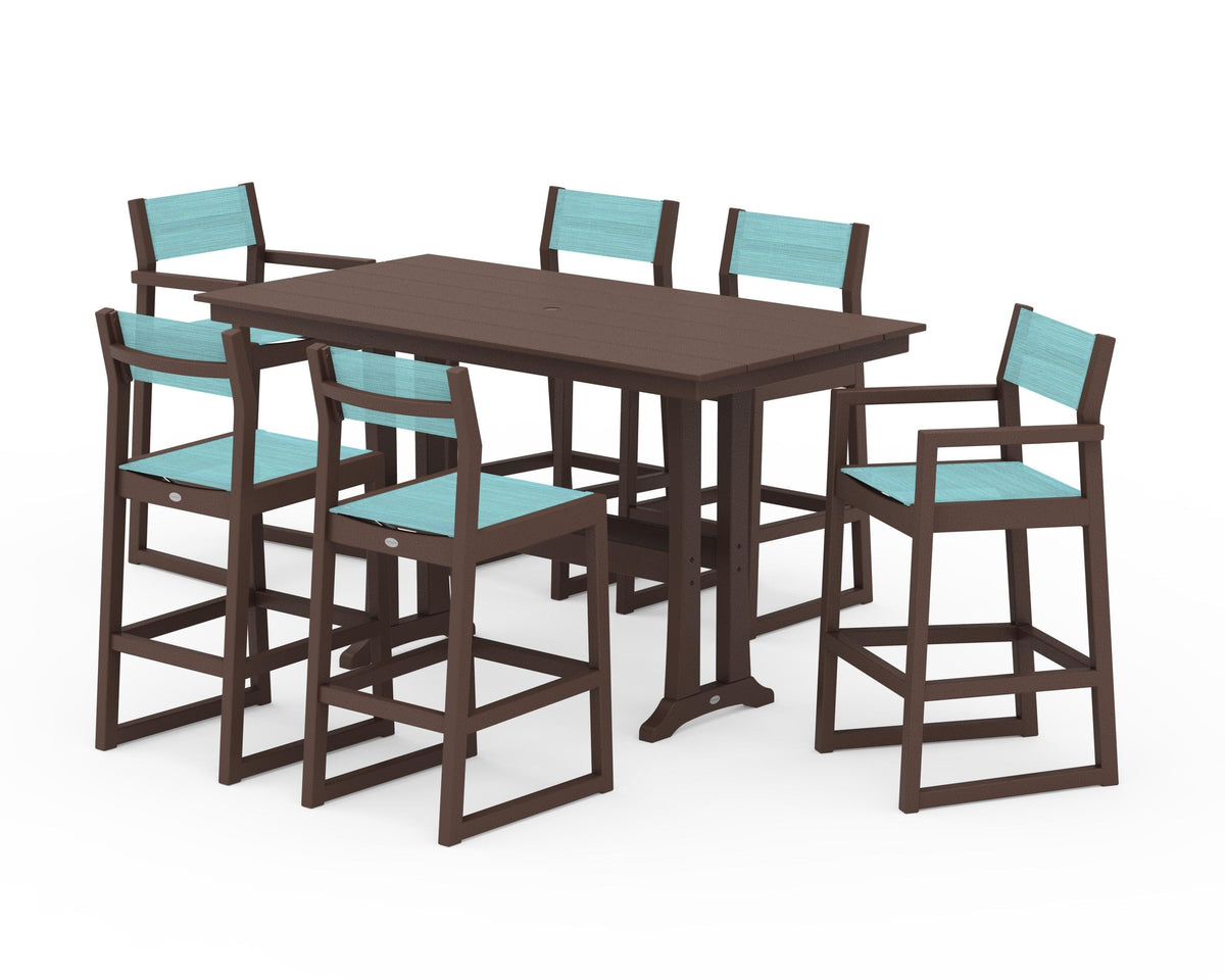 POLYWOOD EDGE Sling 7-Piece Farmhouse Bar Set with Trestle Legs in Mahogany / Dupioni Aquamarine