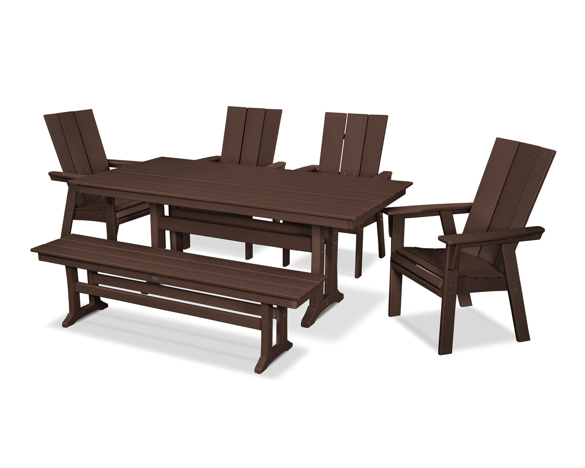POLYWOOD Modern Curveback Adirondack 6-Piece Farmhouse Dining Set with Trestle Legs and Bench - 37" x 72" Table in Mahogany
