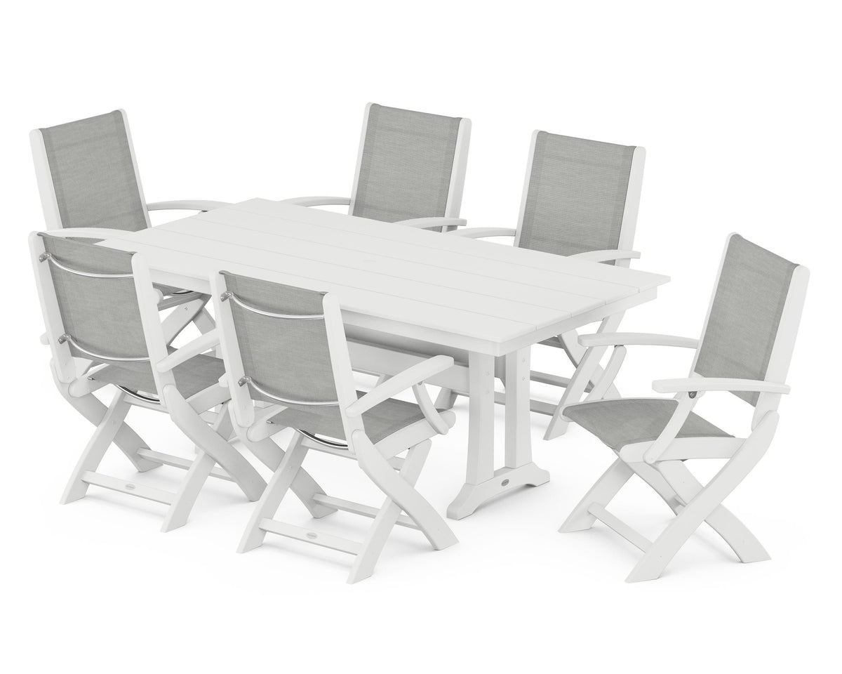 POLYWOOD Coastal Folding Arm Chair 7-Piece Farmhouse Dining Set with Trestle Legs in White / Metallic