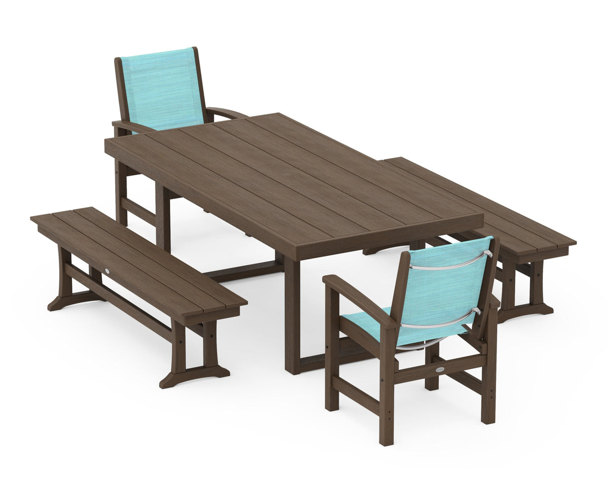 POLYWOOD Coastal 5-Piece Dining Set with Trestle Legs with EDGE 40" x 78" Dining Table in Kona / Dupioni Aquamarine