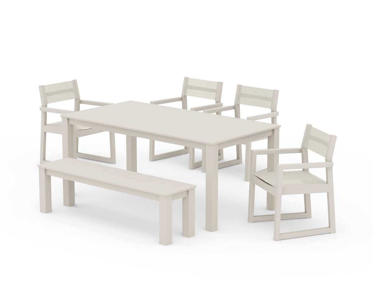 POLYWOOD EDGE Sling Arm Chair 6-Piece Parsons Dining Set with Bench in Sand / Parchment