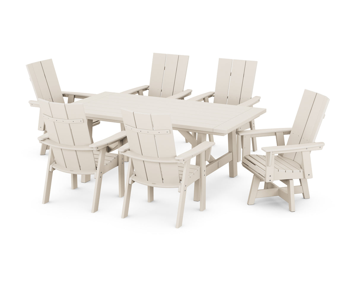 POLYWOOD Modern Curveback Adirondack 7-Piece Rustic Farmhouse Swivel Dining Set in Sand