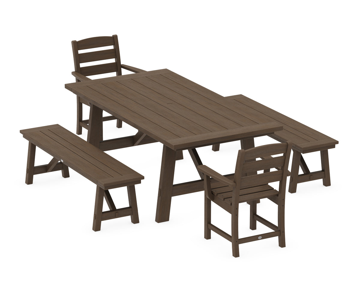 POLYWOOD Lakeside 5-Piece Rustic Farmhouse Dining Set with Benches in Kona