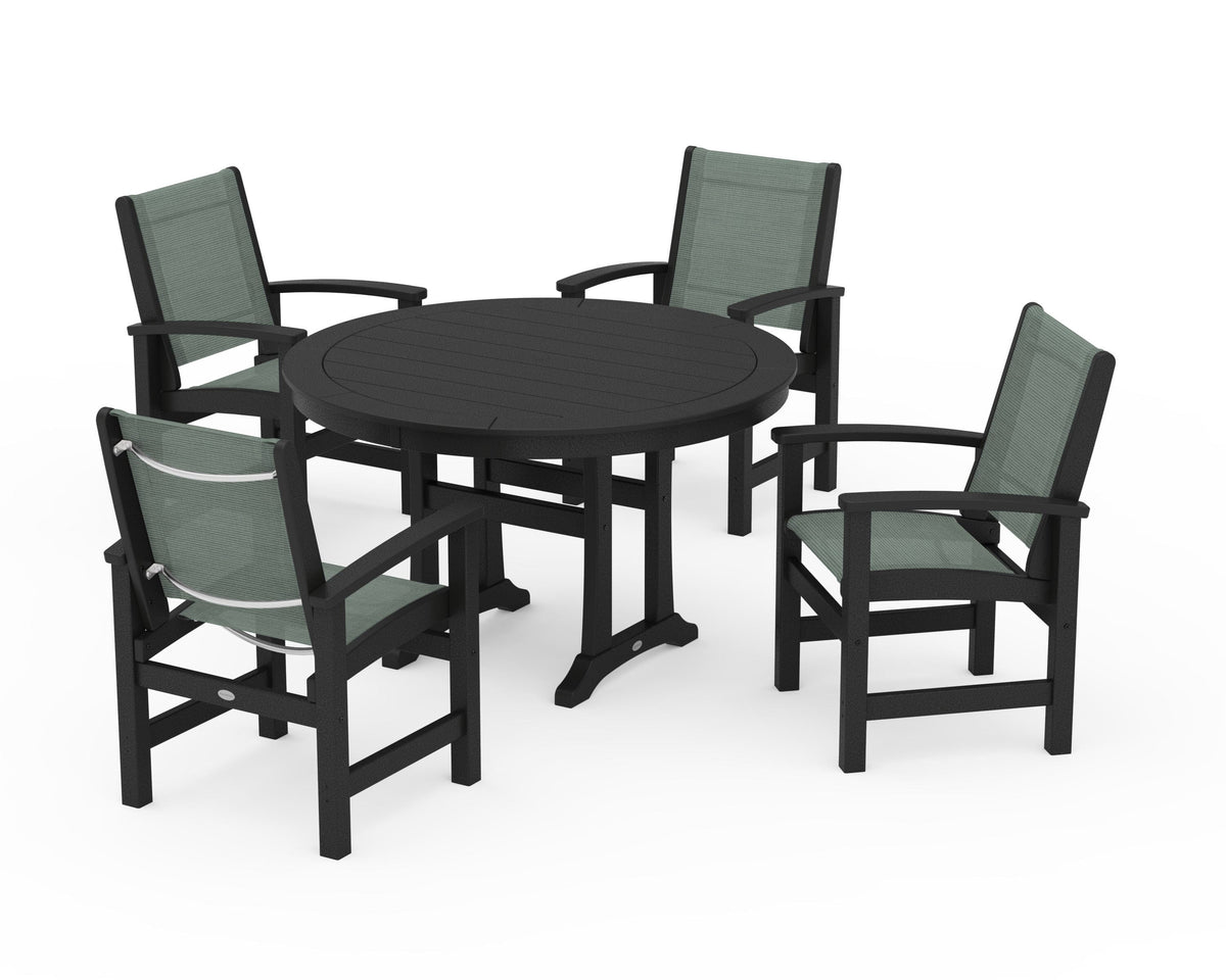 POLYWOOD Coastal 5-Piece Round Dining Set with Trestle Legs in Black / Dupioni Sea Mist