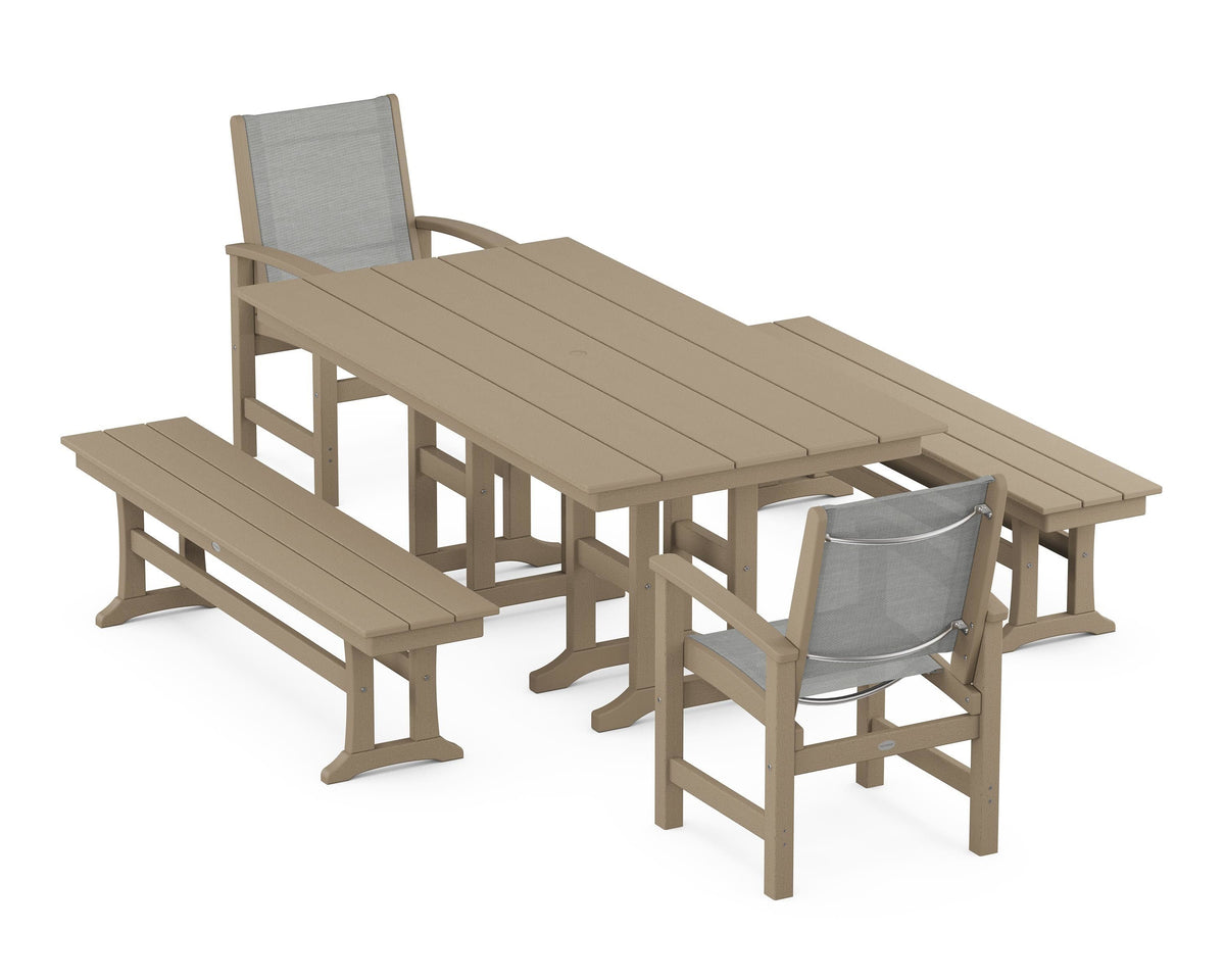 POLYWOOD Coastal 5-Piece Farmhouse Dining Set with Farmhouse 37" x 72" Dining Table in Vintage Sahara / Metallic