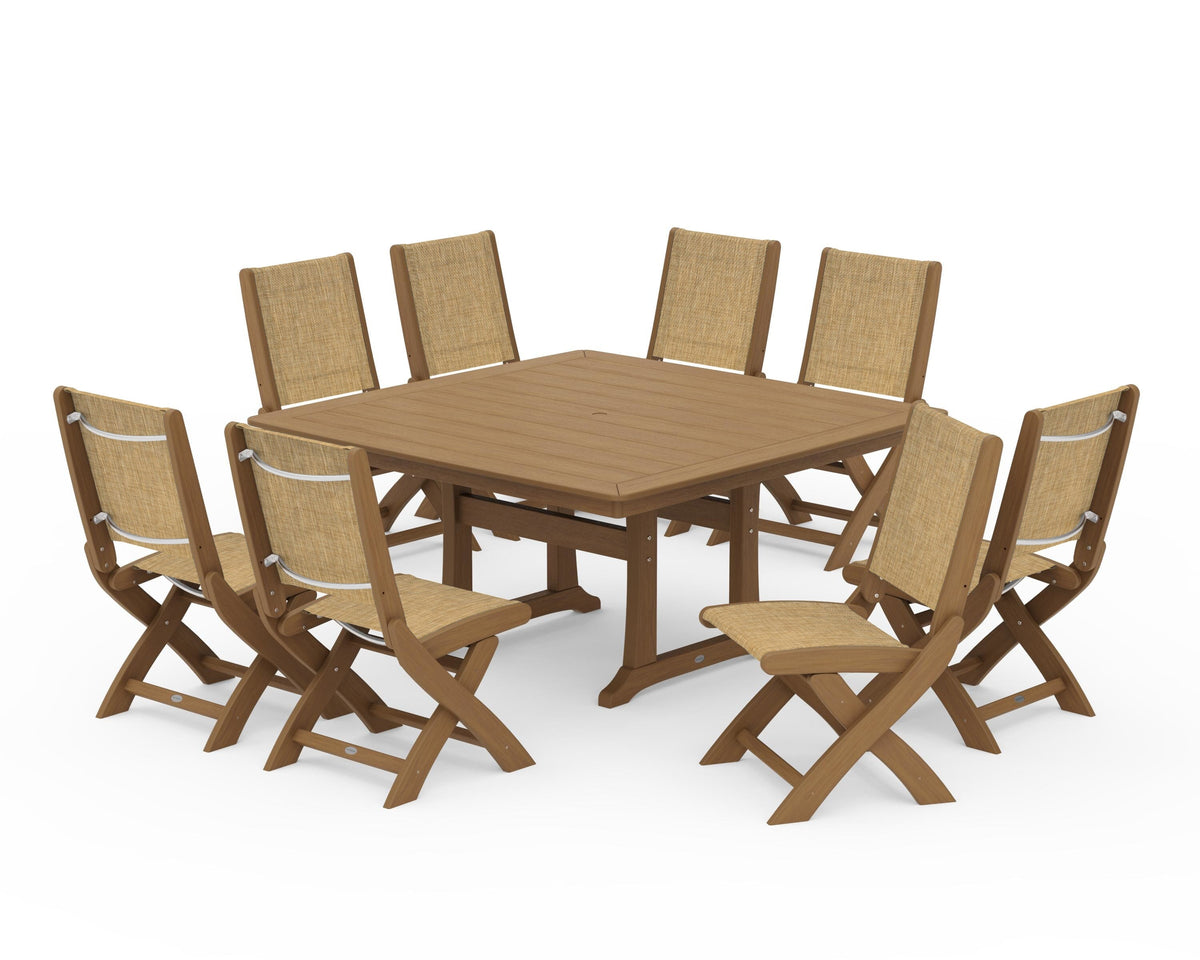 POLYWOOD Coastal Folding Side Chair 9-Piece Dining Set with Trestle Legs in Natural / Burlap