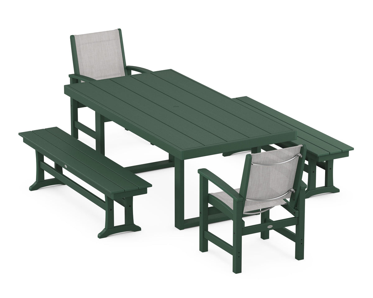 POLYWOOD Coastal 5-Piece Dining Set with Trestle Legs with EDGE 40" x 78" Dining Table in Green / Parchment