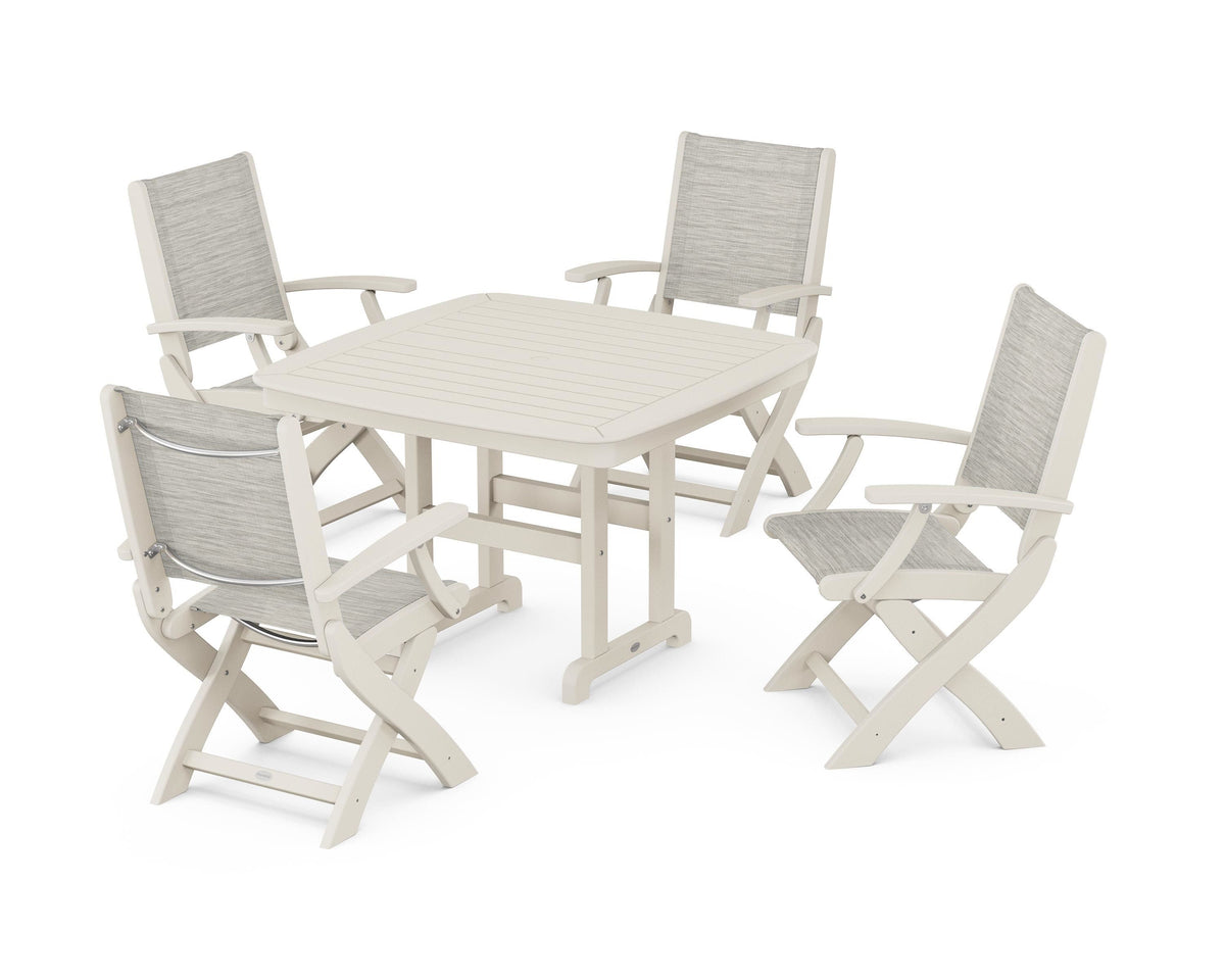 POLYWOOD Coastal Folding Chair 5-Piece Dining Set with Nautical 44" Dining Table in Sand / Birch