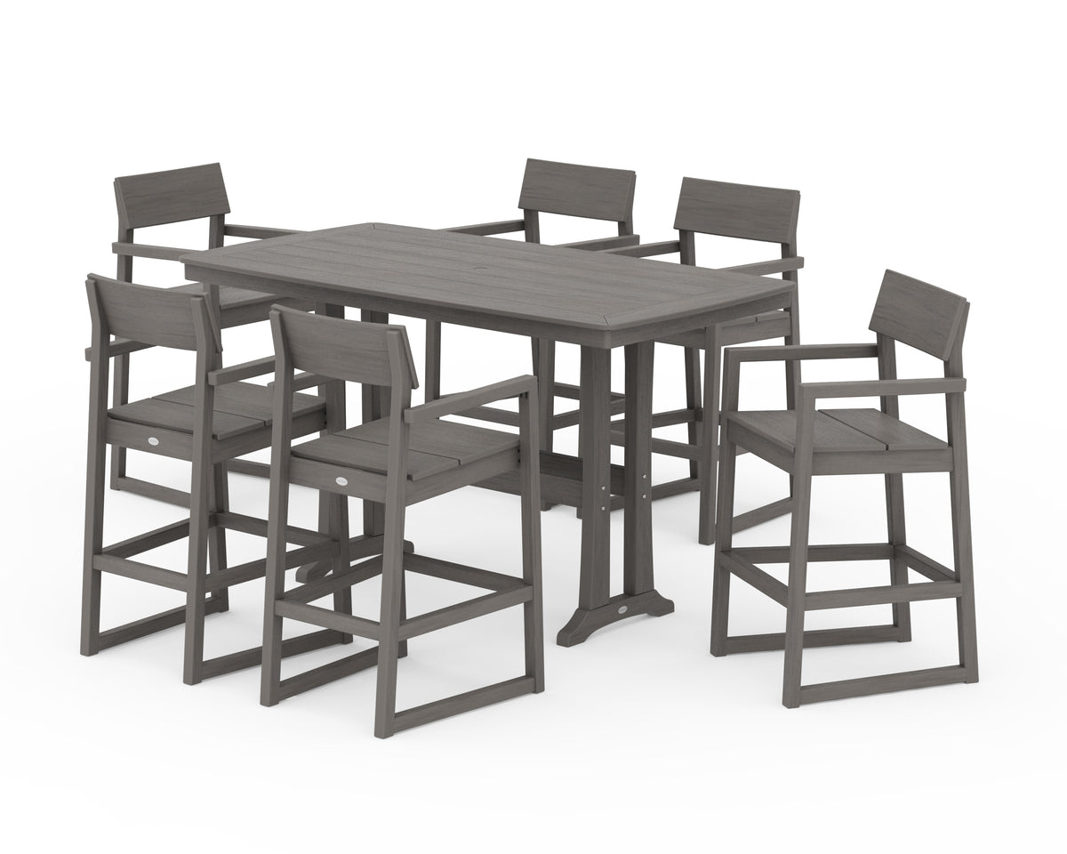 POLYWOOD EDGE Arm Chair 7-Piece Bar Set with Trestle Legs in Driftwood