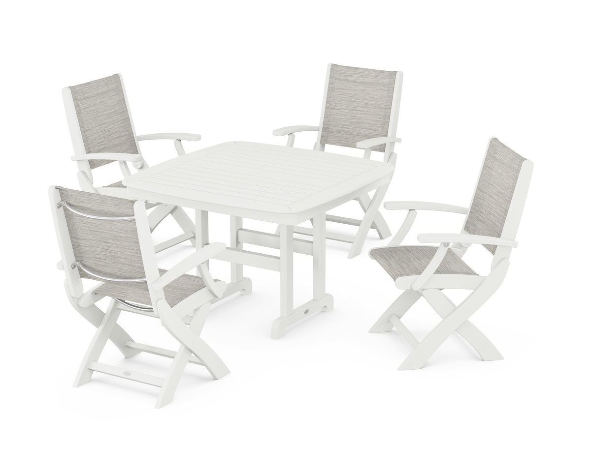 POLYWOOD Coastal Folding Chair 5-Piece Dining Set with Nautical 44" Dining Table in Vintage White / Birch