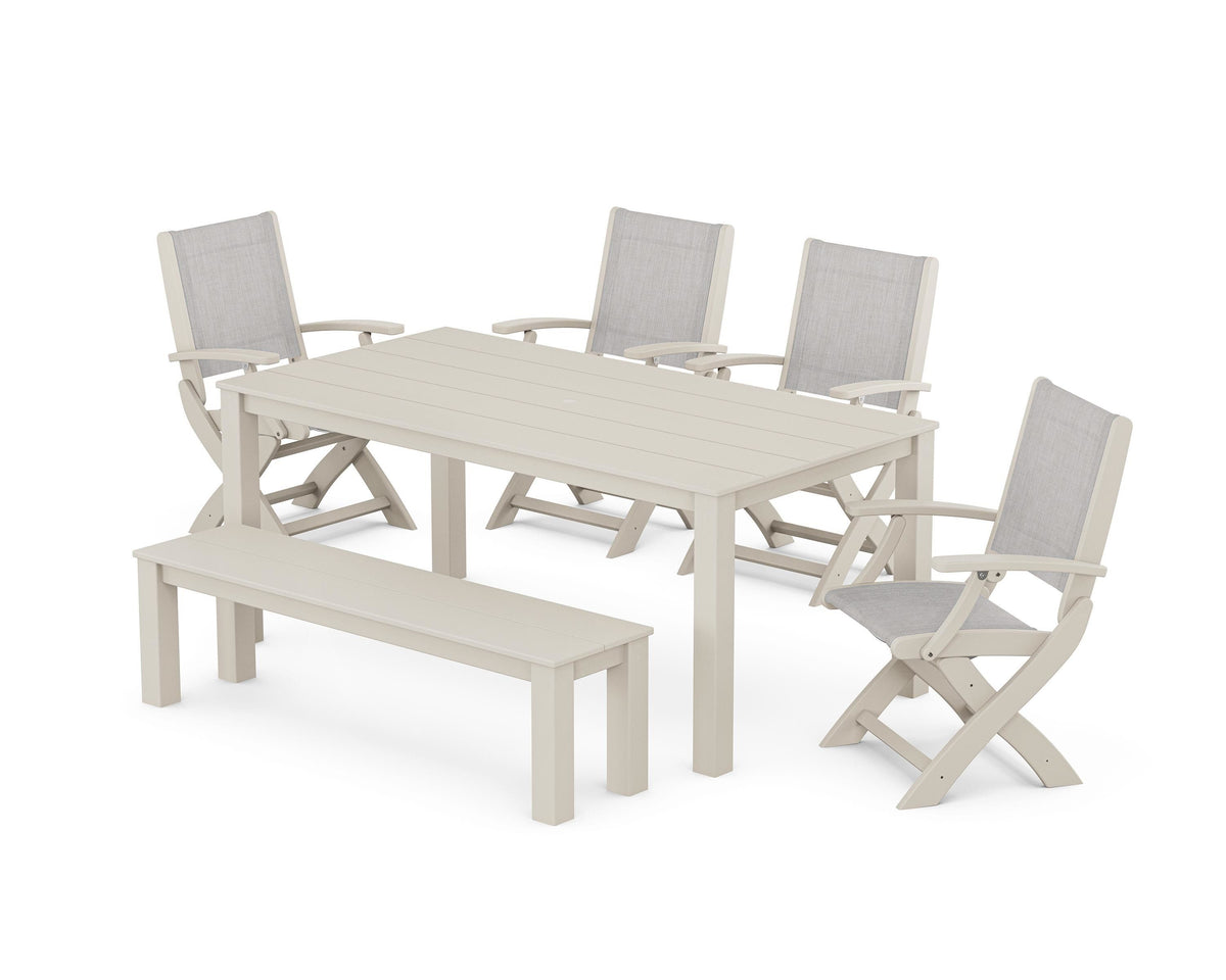 POLYWOOD Coastal Folding Chair 6-Piece Parsons Dining Set with Bench in Sand / Parchment