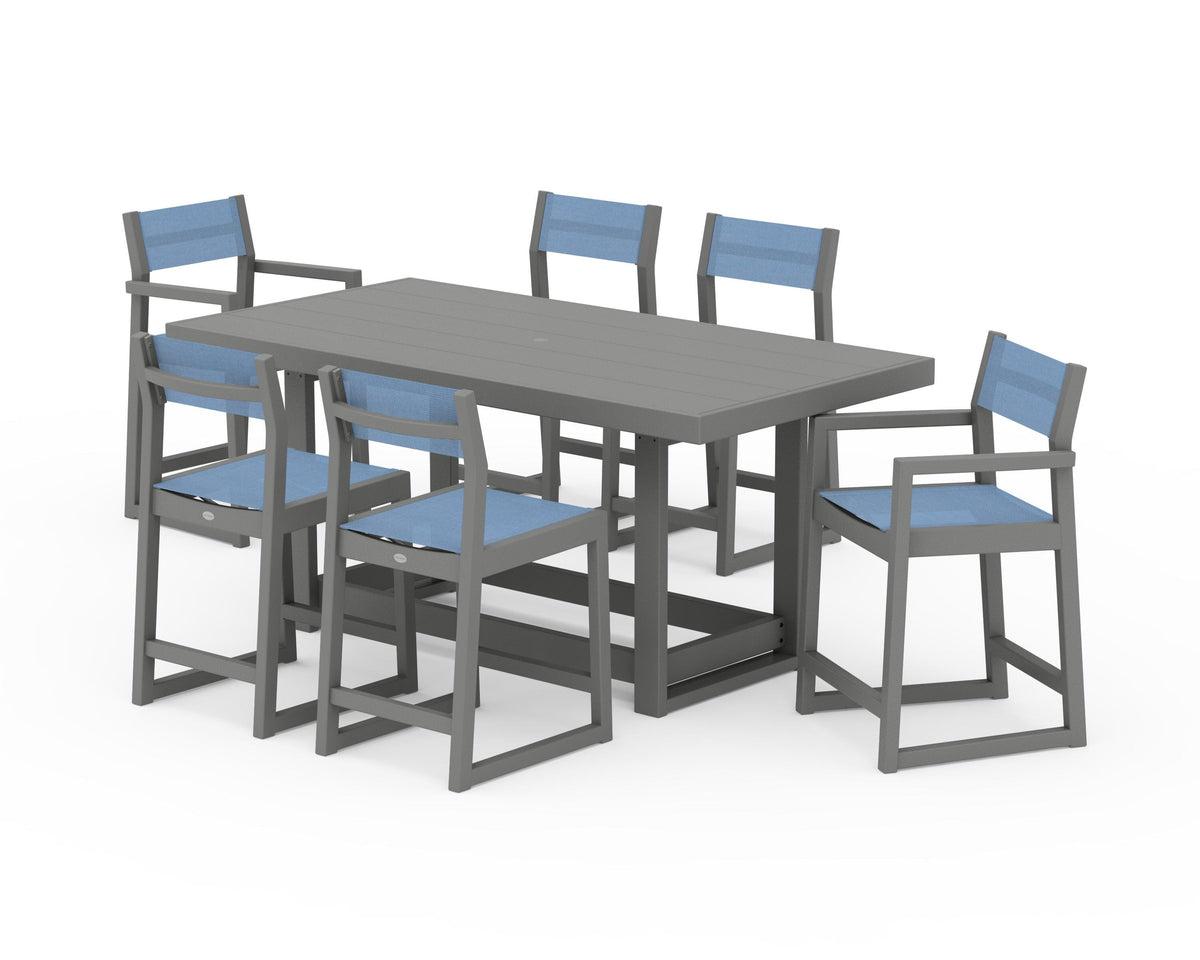 POLYWOOD EDGE Sling 7-Piece Counter Table Set in Slate Grey / Poolside