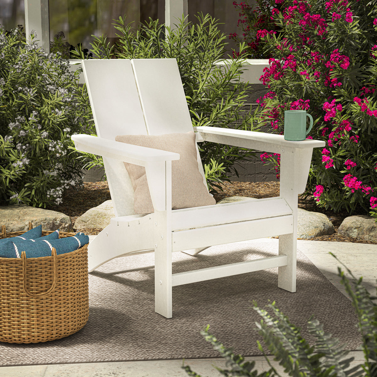 POLYWOOD Cottage Modern Adirondack Chair in White in an outdoor setting