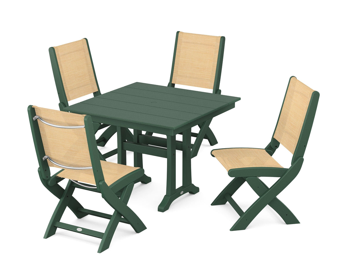 POLYWOOD Coastal Folding Side Chair 5-Piece Farmhouse Dining Set With Trestle Legs in Green / Dupioni Apricot