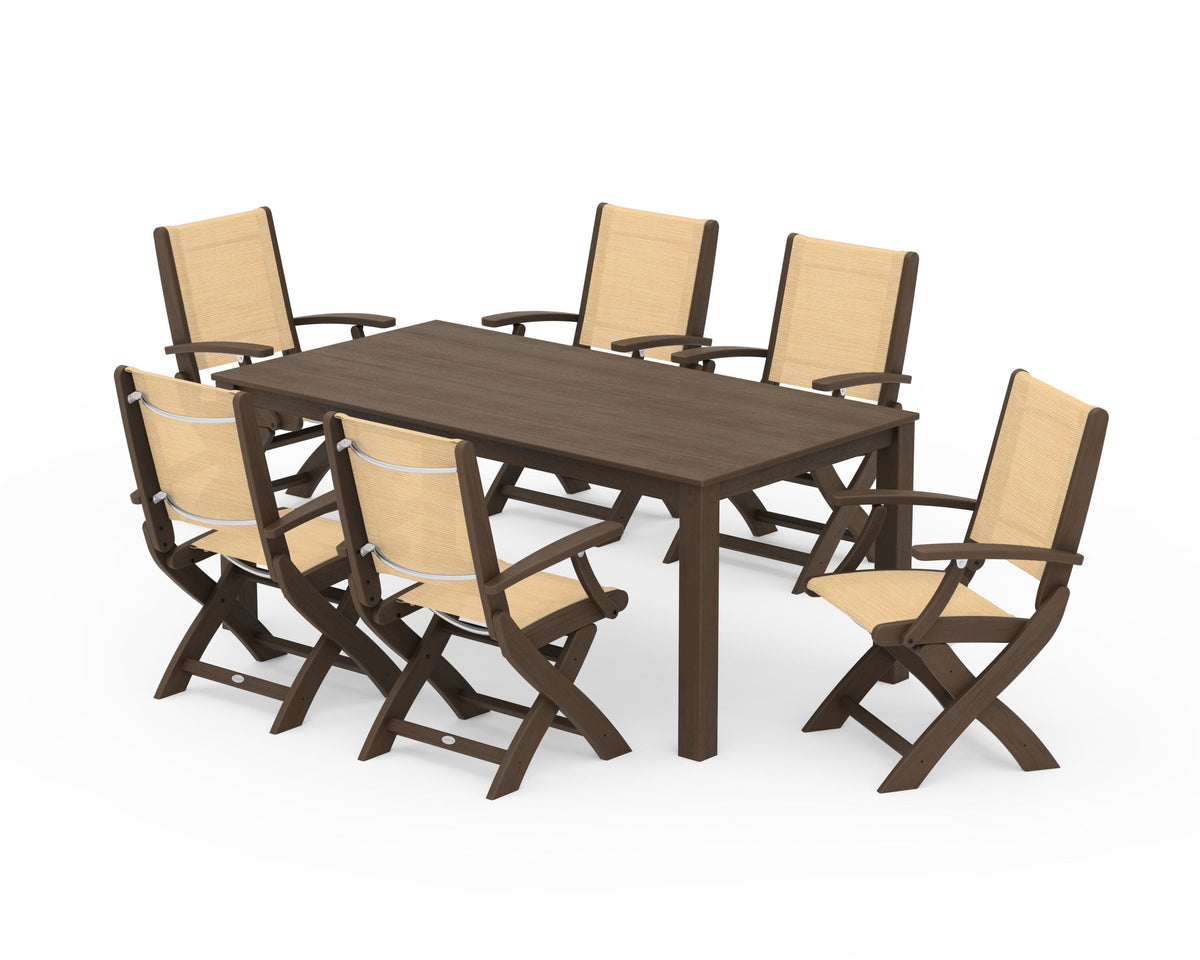 POLYWOOD Coastal Folding Chair 7-Piece Parsons Dining Set in Kona / Dupioni Apricot