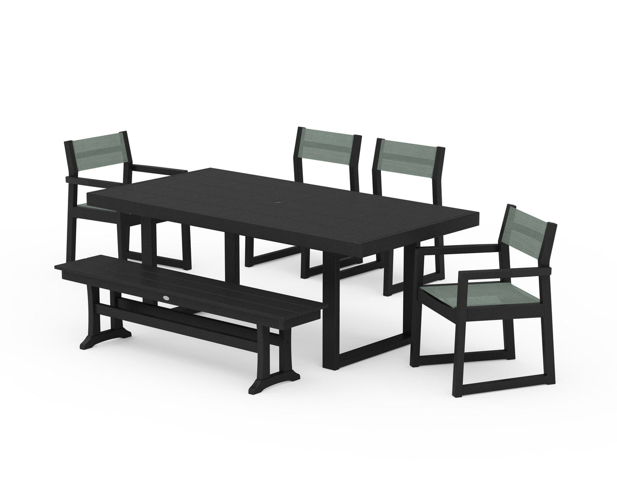 POLYWOOD EDGE Sling 6-Piece Dining Set with Bench in Black / Dupioni Sea Mist