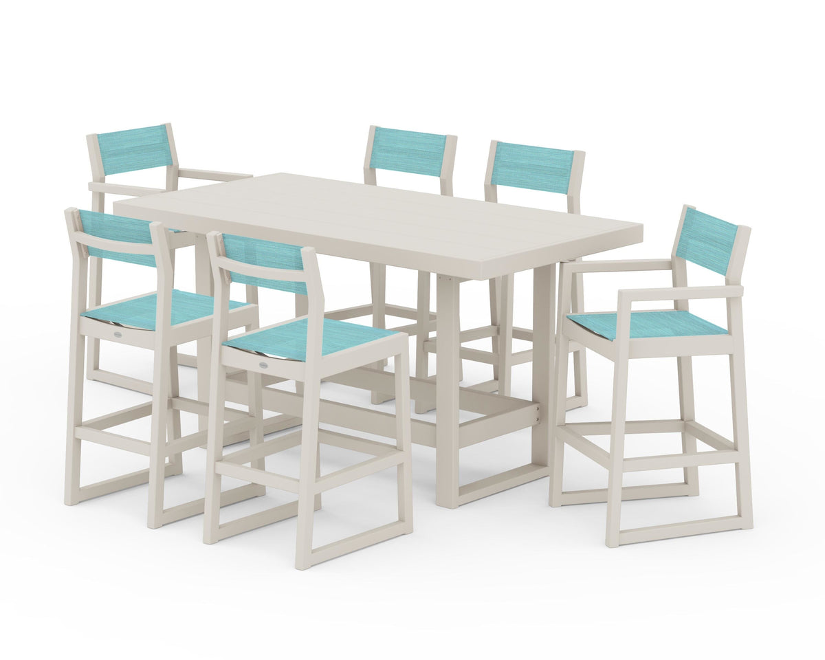 POLYWOOD EDGE Sling 7-Piece Bar Table Set in Sand / Dupioni Aquamarine