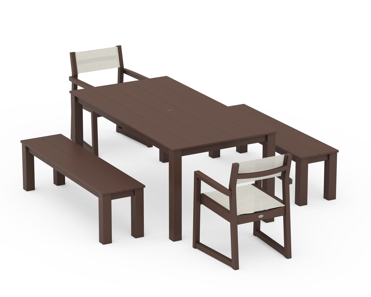 POLYWOOD EDGE Sling Arm Chair 5-Piece Parsons Dining Set with Benches in Mahogany / Parchment