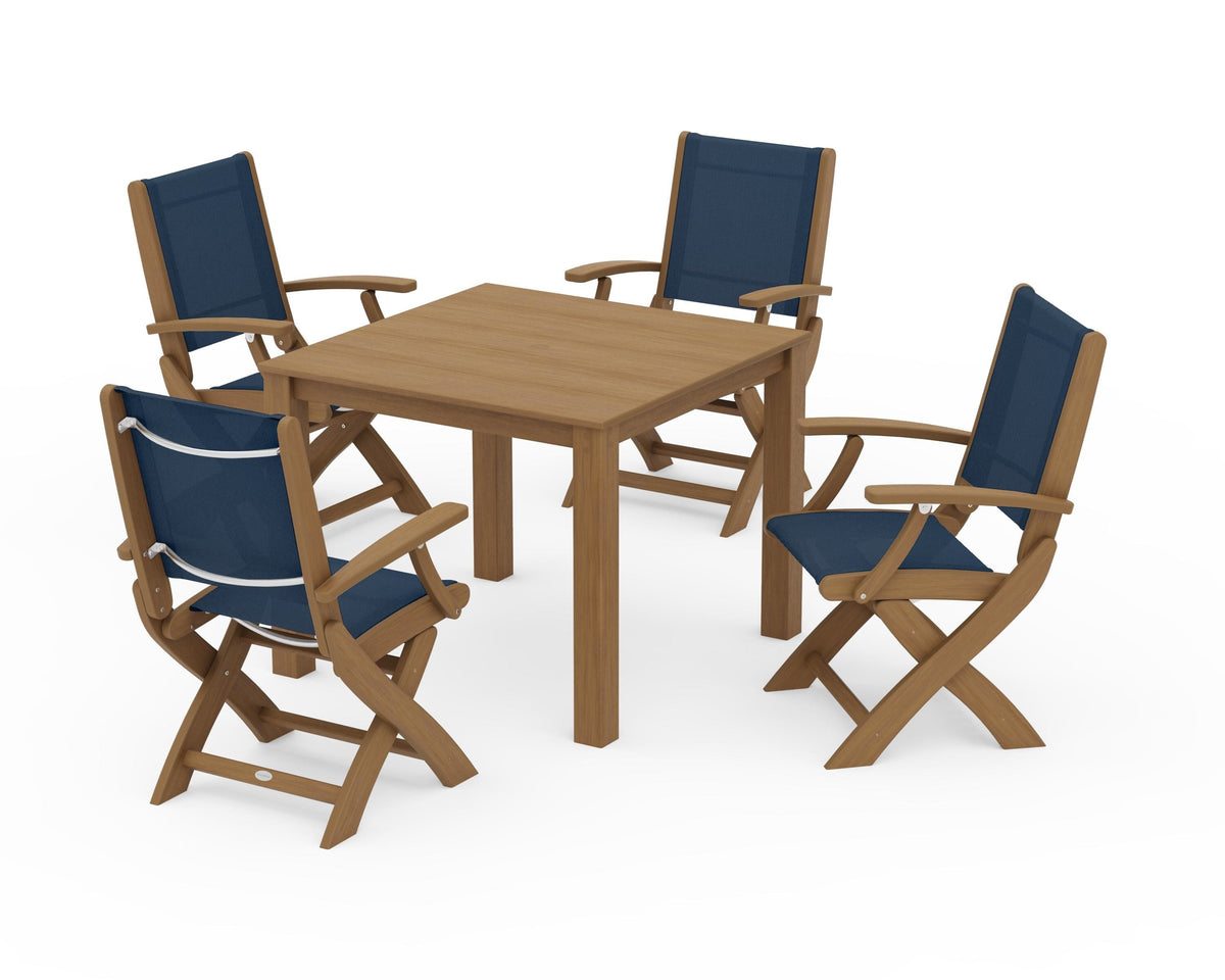 POLYWOOD Coastal Folding Chair 5-Piece Parsons Dining Set in Natural / Navy Blue