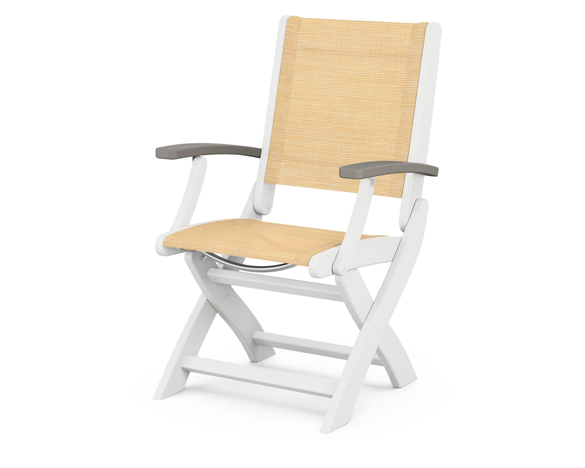 POLYWOOD Coastal Folding Chair in White with Driftwood arms and Dupioni Apricot sling