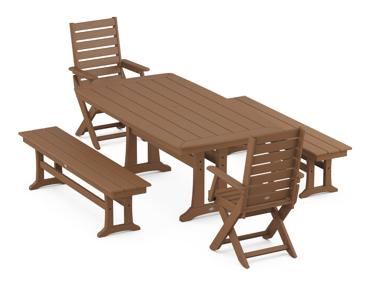 POLYWOOD Captain Folding Chair 5-Piece Dining Set with Trestle Legs - 38" x 73" Table in Teak