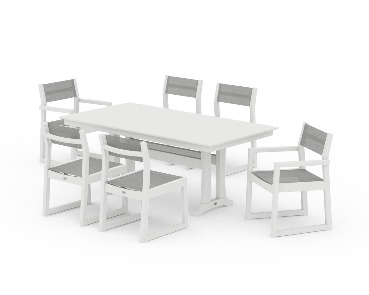 POLYWOOD EDGE Sling 7-Piece Farmhouse Trestle Dining Set in Vintage White / Metallic