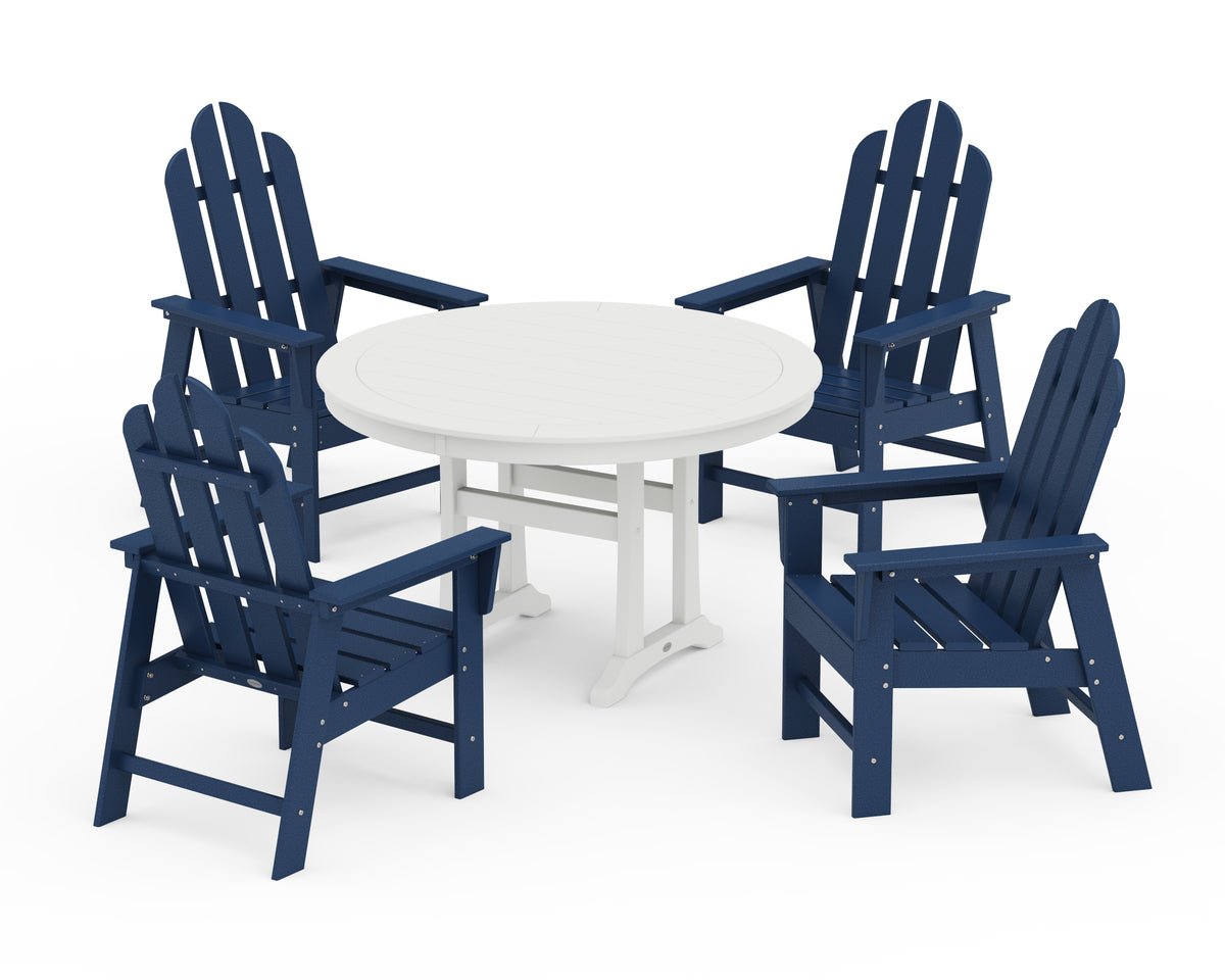 POLYWOOD Long Island 5-Piece Round Dining Set with Trestle Legs in Navy / White
