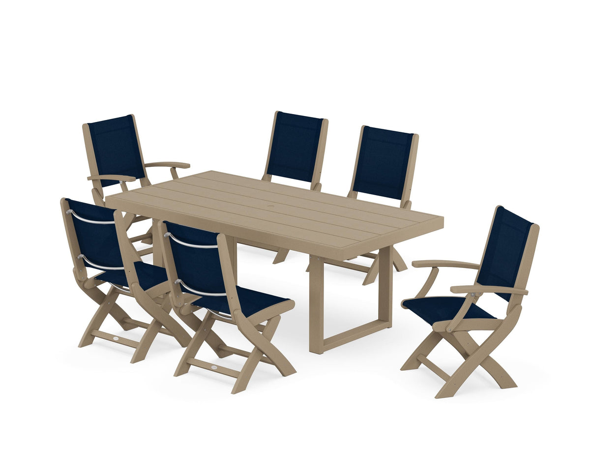 POLYWOOD Coastal Folding Chair 7-Piece Dining Set with Trestle Legs with EDGE 40" x 78" Dining Table in Vintage Sahara / Navy Blue