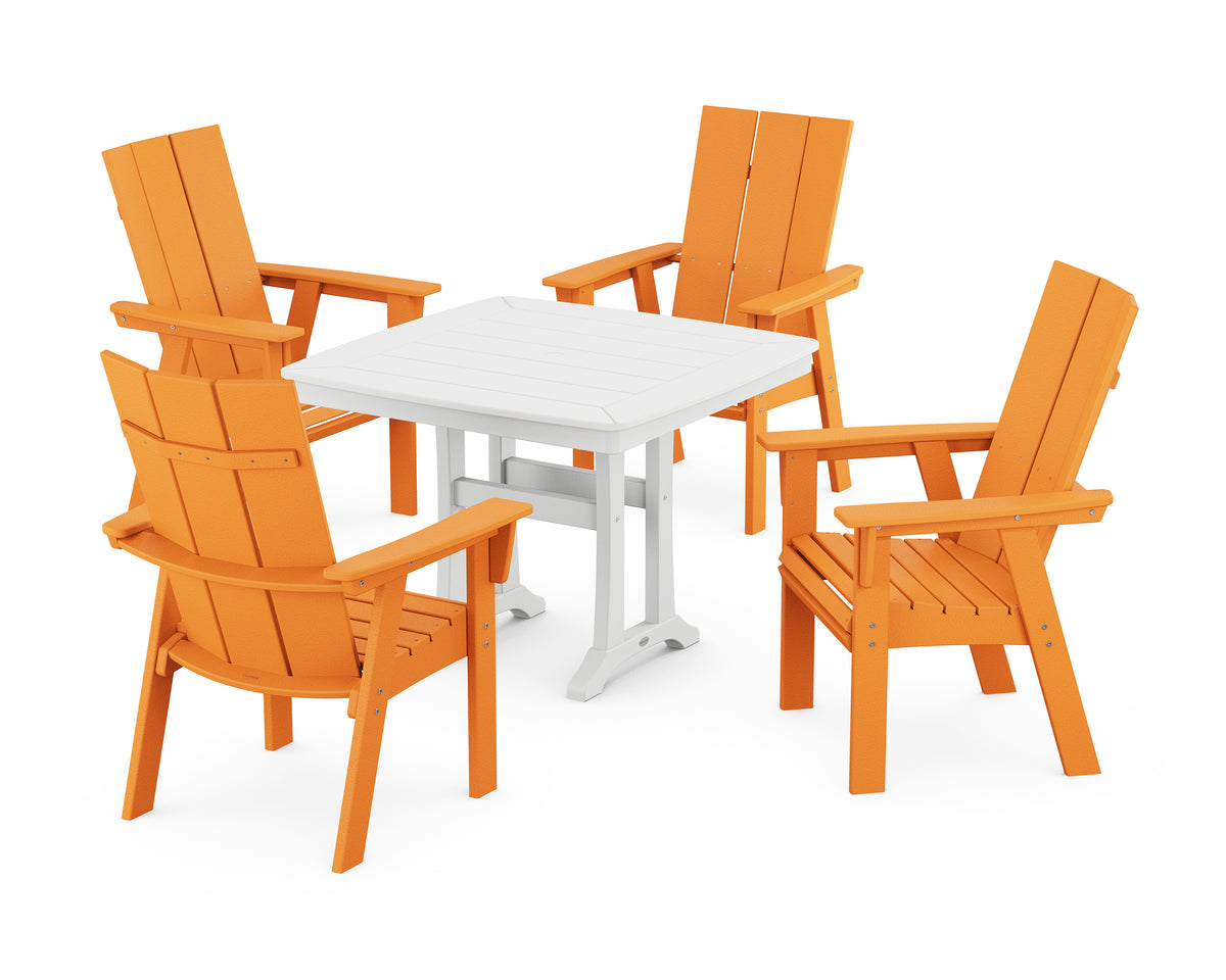 POLYWOOD Modern Adirondack 5-Piece Dining Set with Trestle Legs with Modern Curveback Adirondack Dining Chair in Tangerine / White