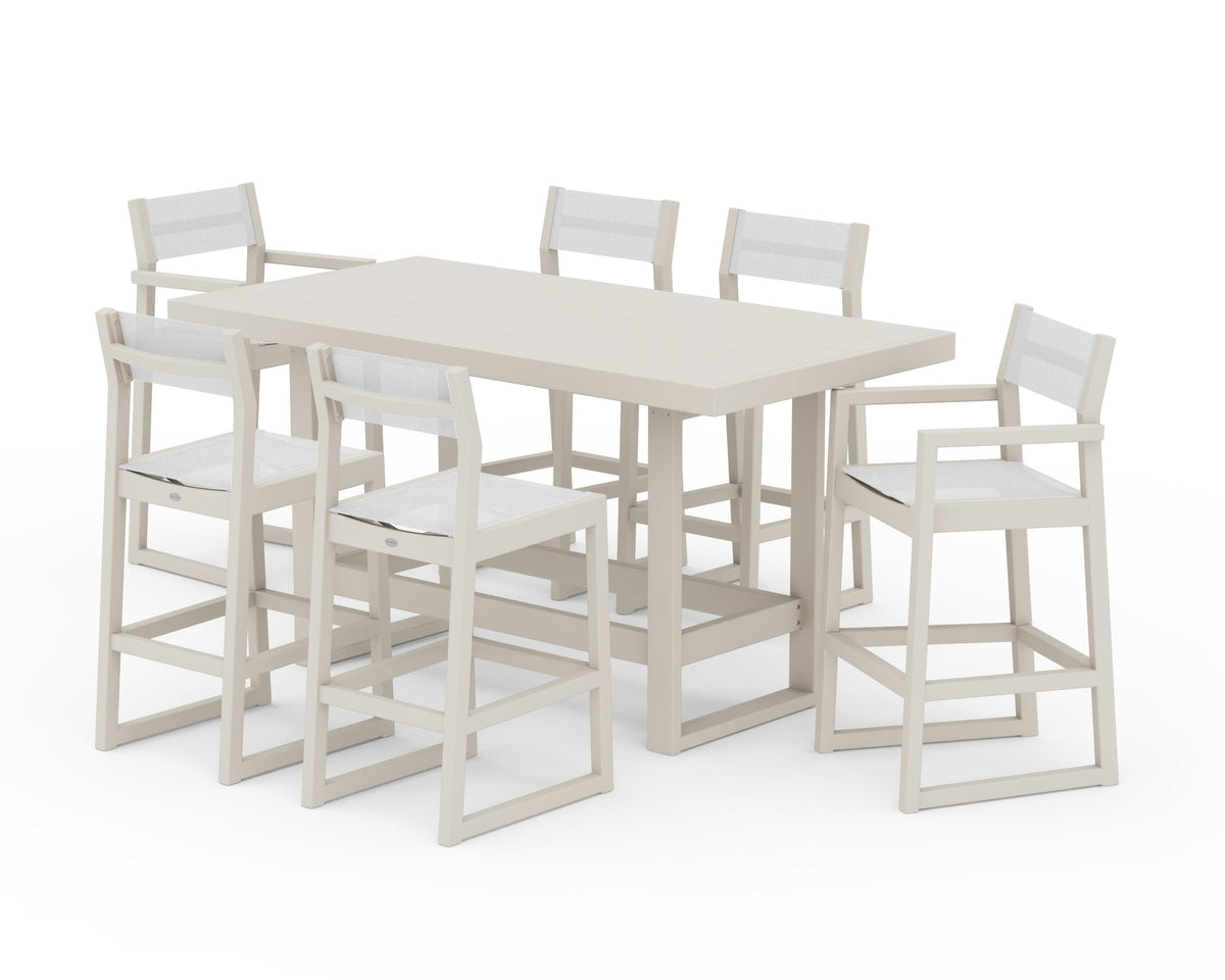 POLYWOOD EDGE Sling 7-Piece Bar Table Set in Sand / White