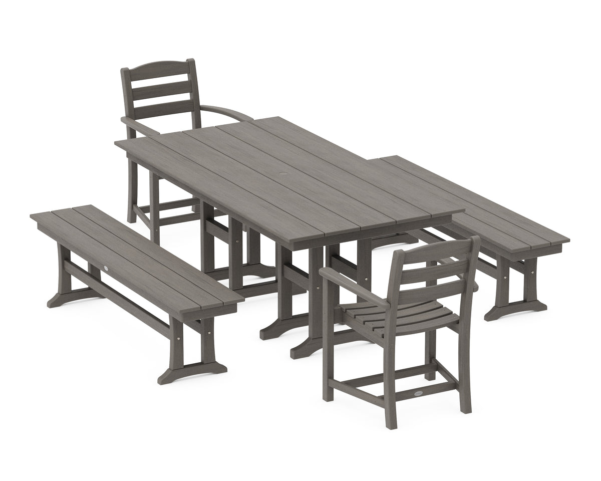 POLYWOOD La Casa Café 5-Piece Farmhouse Dining Set with Benches in Driftwood