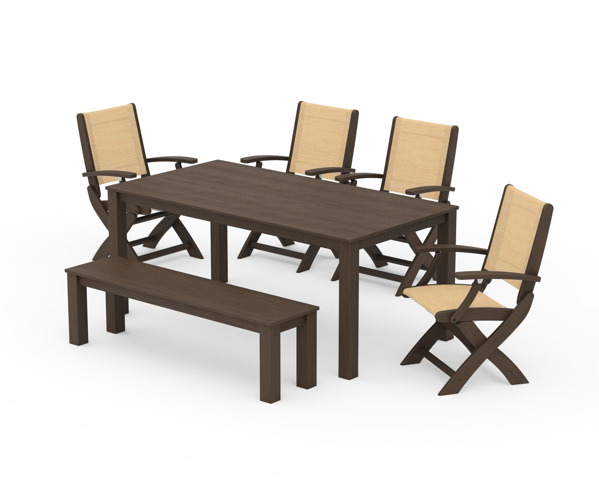 POLYWOOD Coastal Folding Chair 6-Piece Parsons Dining Set with Bench in Kona / Dupioni Apricot